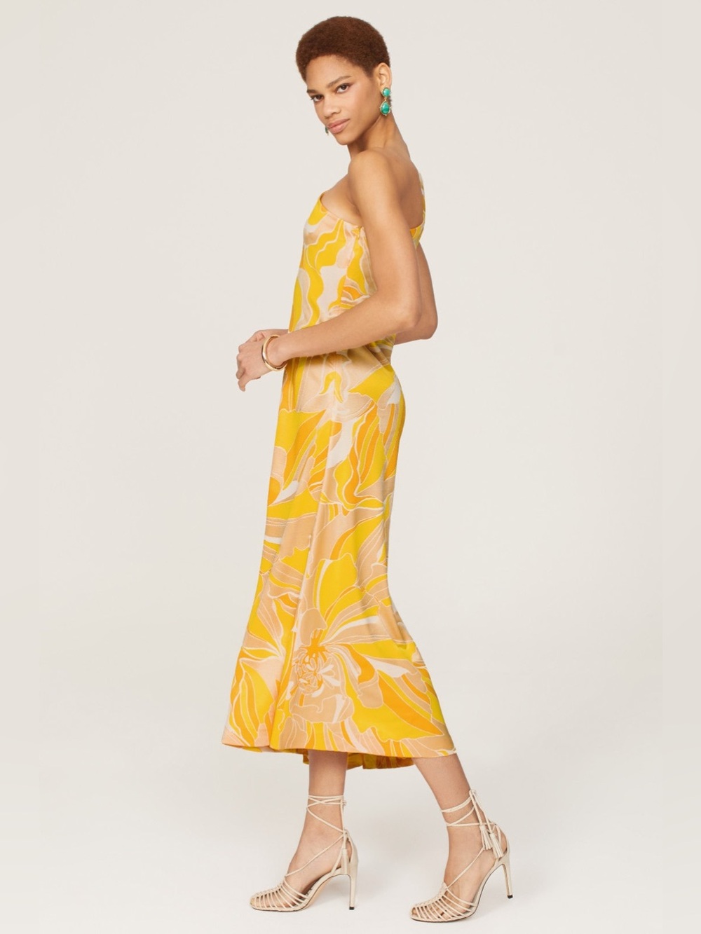 Alexis One-Shoulder Yellow Floral Midi Dress - Picture 2 of 10
